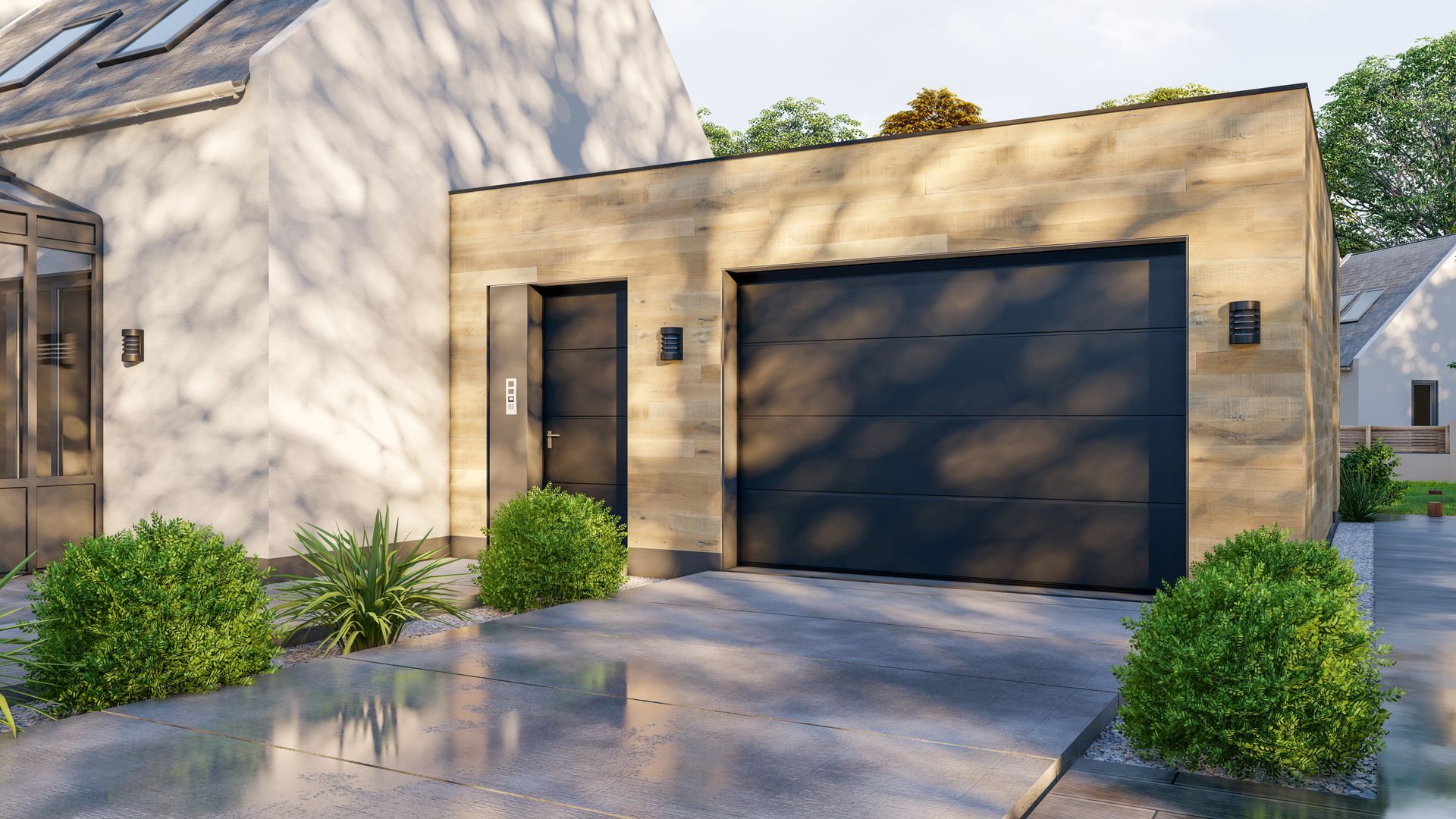 Maison moderne en stuc beige avec porte de garage noire, entrée principale, arbustes et allée ensoleillée.