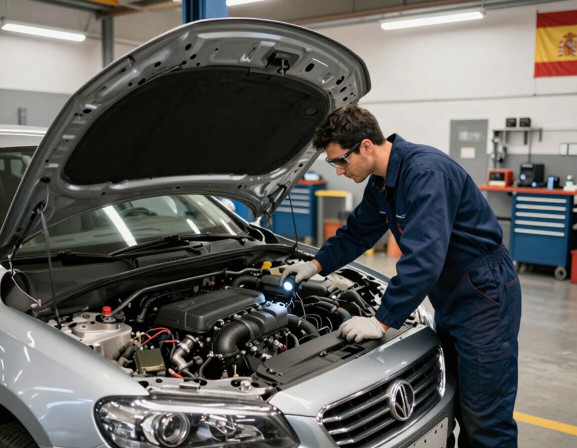 Mecánico con mono azul inspeccionando el motor de un coche en un taller de reparación de automóviles