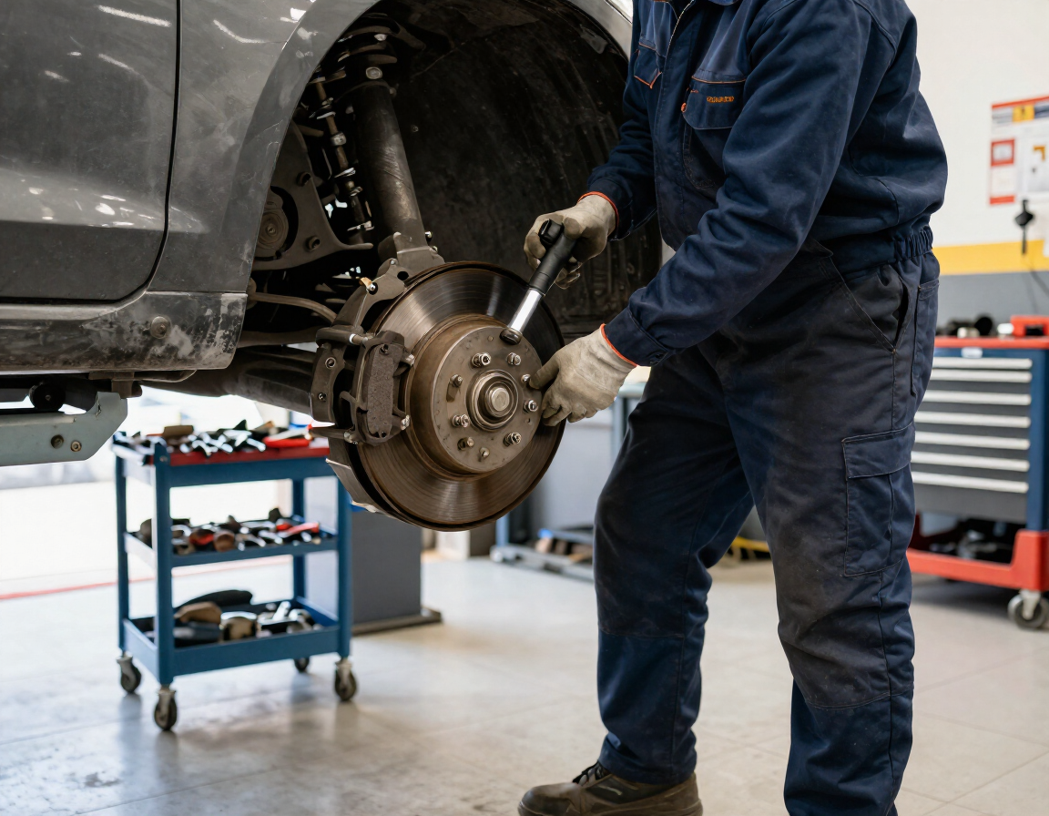 Un mecánico sustituyendo el disco de freno de un coche en un taller de reparación de automóviles