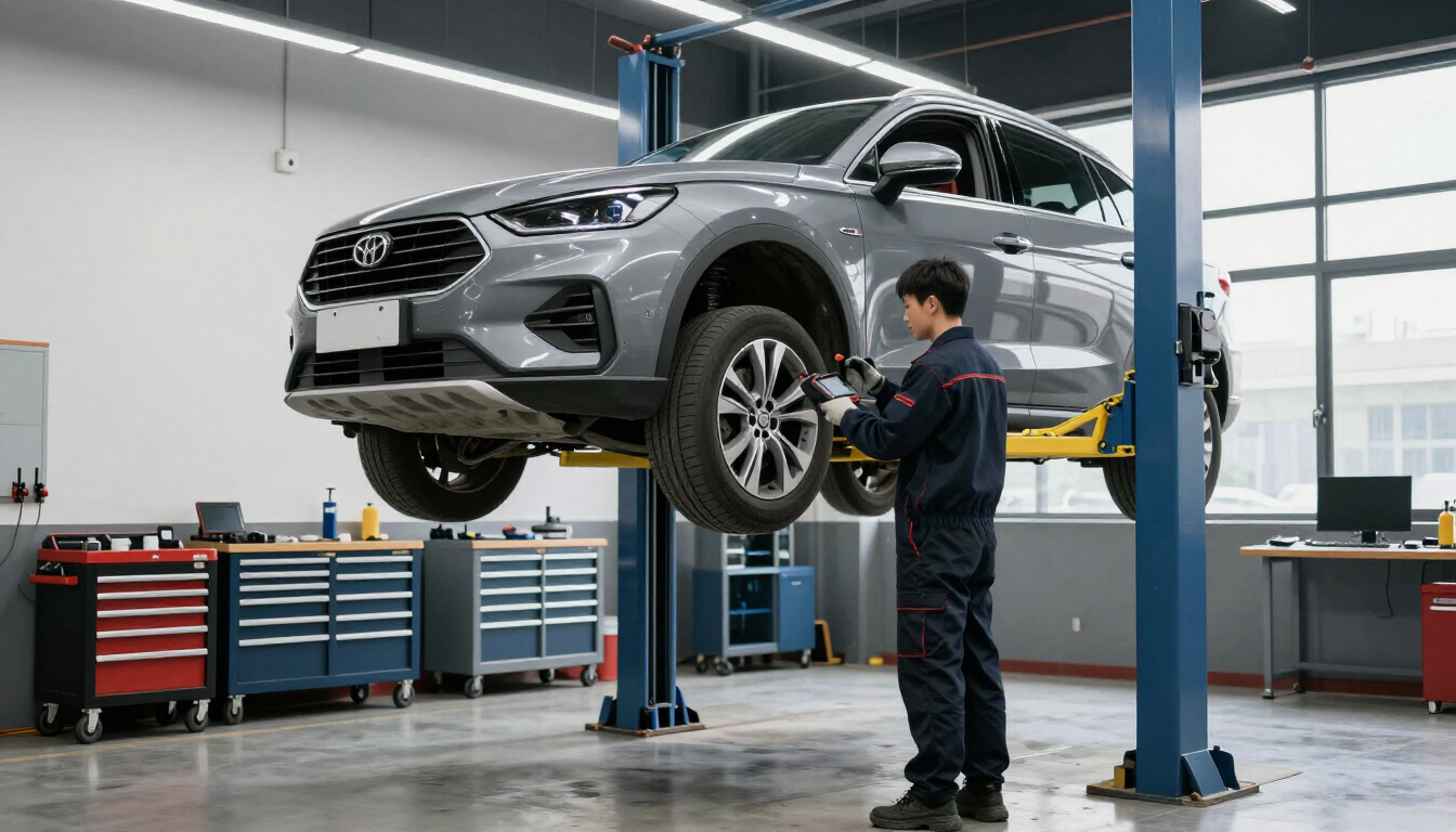 Mecánico inspeccionando un SUV gris elevado en un elevador de un taller de reparación de automóviles