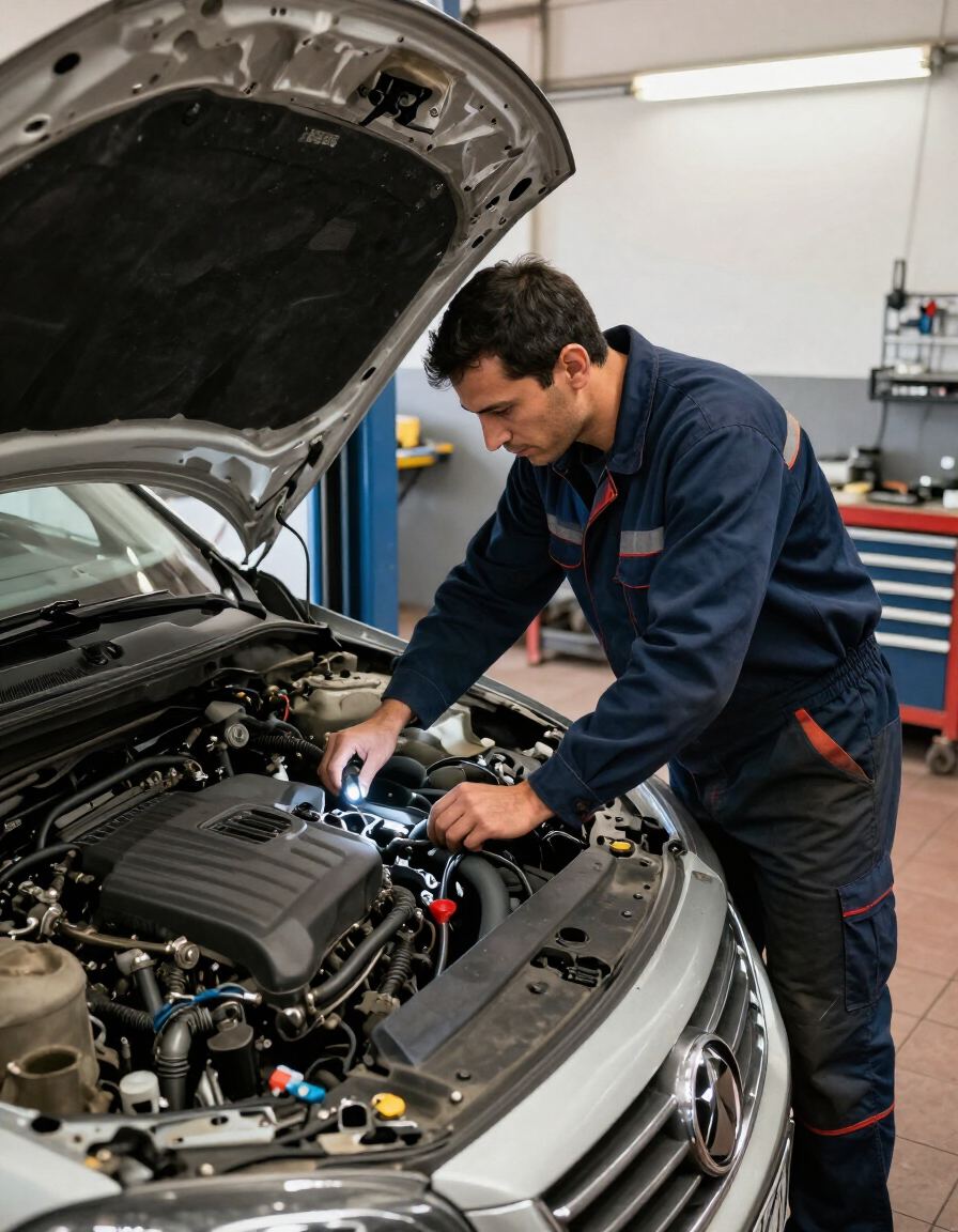 Mecánico trabajando bajo el capó abierto de un automóvil en un taller, inspeccionando los componentes del motor