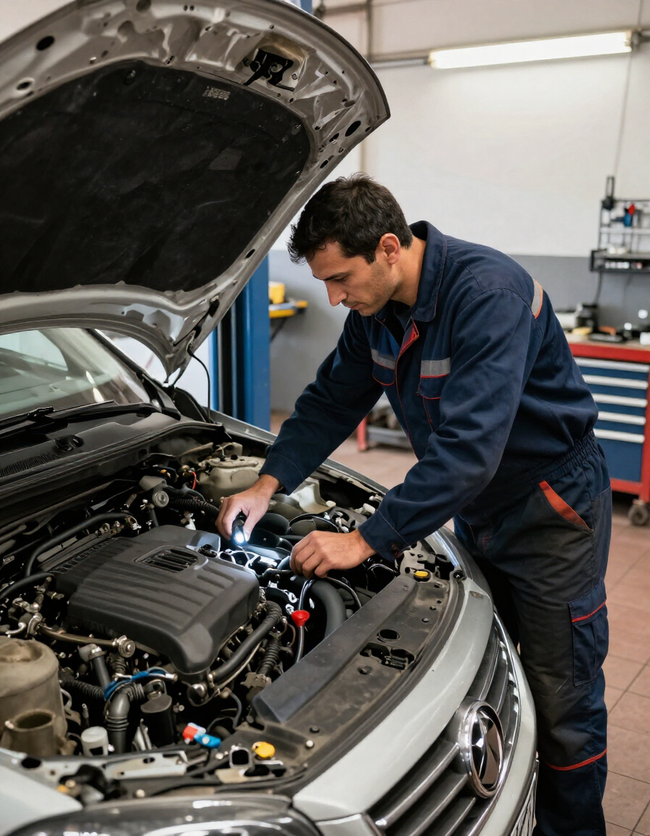 Mecánico trabajando bajo el capó abierto de un automóvil en un taller, inspeccionando los componentes del motor