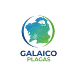 Logotipo de Galaico Plagas, empresa de control de plagas. Globo terráqueo verde y azul con una rata, un insecto y texto.