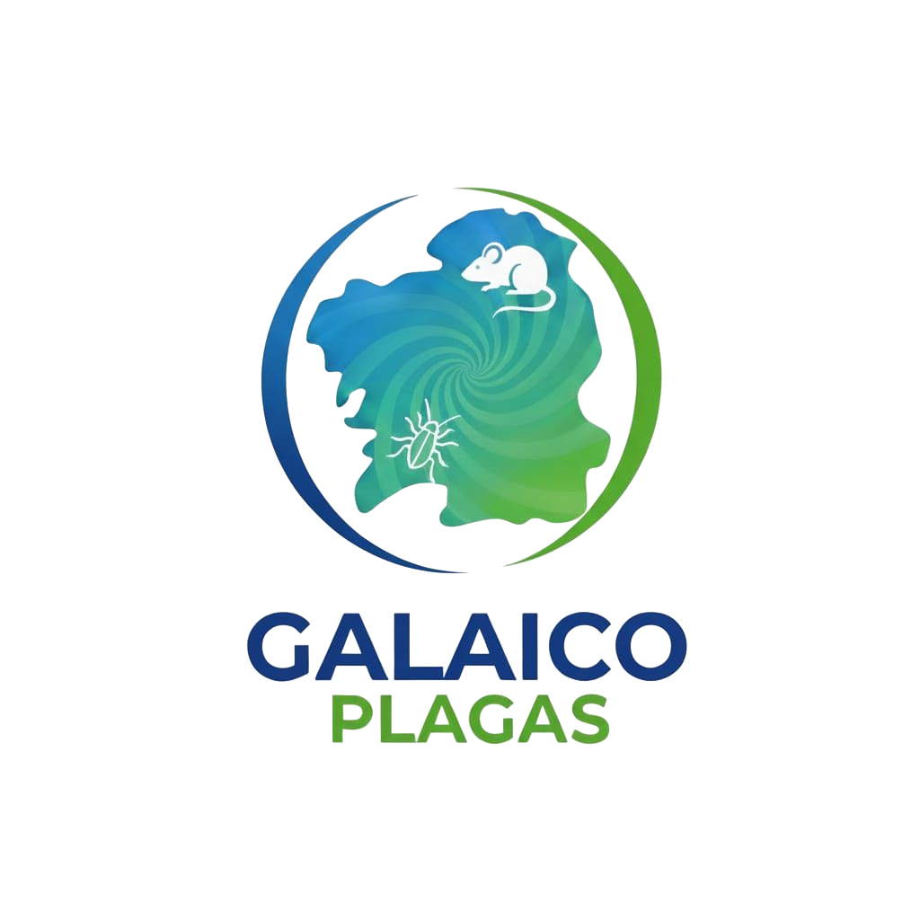 Logotipo de Galaico Plagas, empresa de control de plagas. Globo terr&aacute;queo verde y azul con una rata, un insecto y texto.