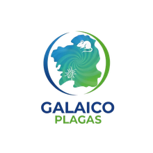 Logotipo de Galaico Plagas, empresa de control de plagas. Globo terráqueo verde y azul con una rata, un insecto y texto.