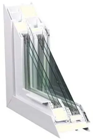 Corte transversal de uma janela branca de vidro duplo, mostrando os múltiplos painéis de vidro, a moldura e o isolamento.