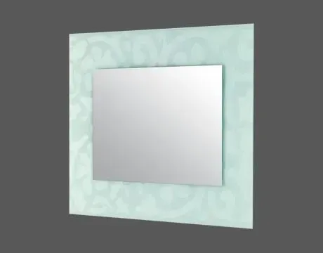 Espelho quadrado com borda decorativa verde-clara, sobre fundo cinza.