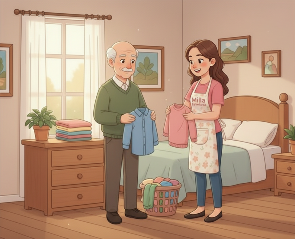 Une personne âgée et une personne portant un tablier plient du linge ensemble dans une chambre ensoleillée.