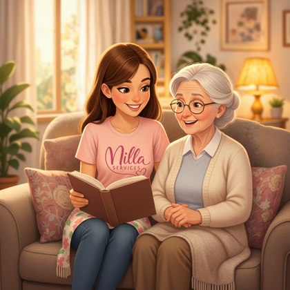 Une jeune lit un livre à voix haute à une personne plus âgée, assis ensemble sur un canapé confortable dans un salon lumineux.