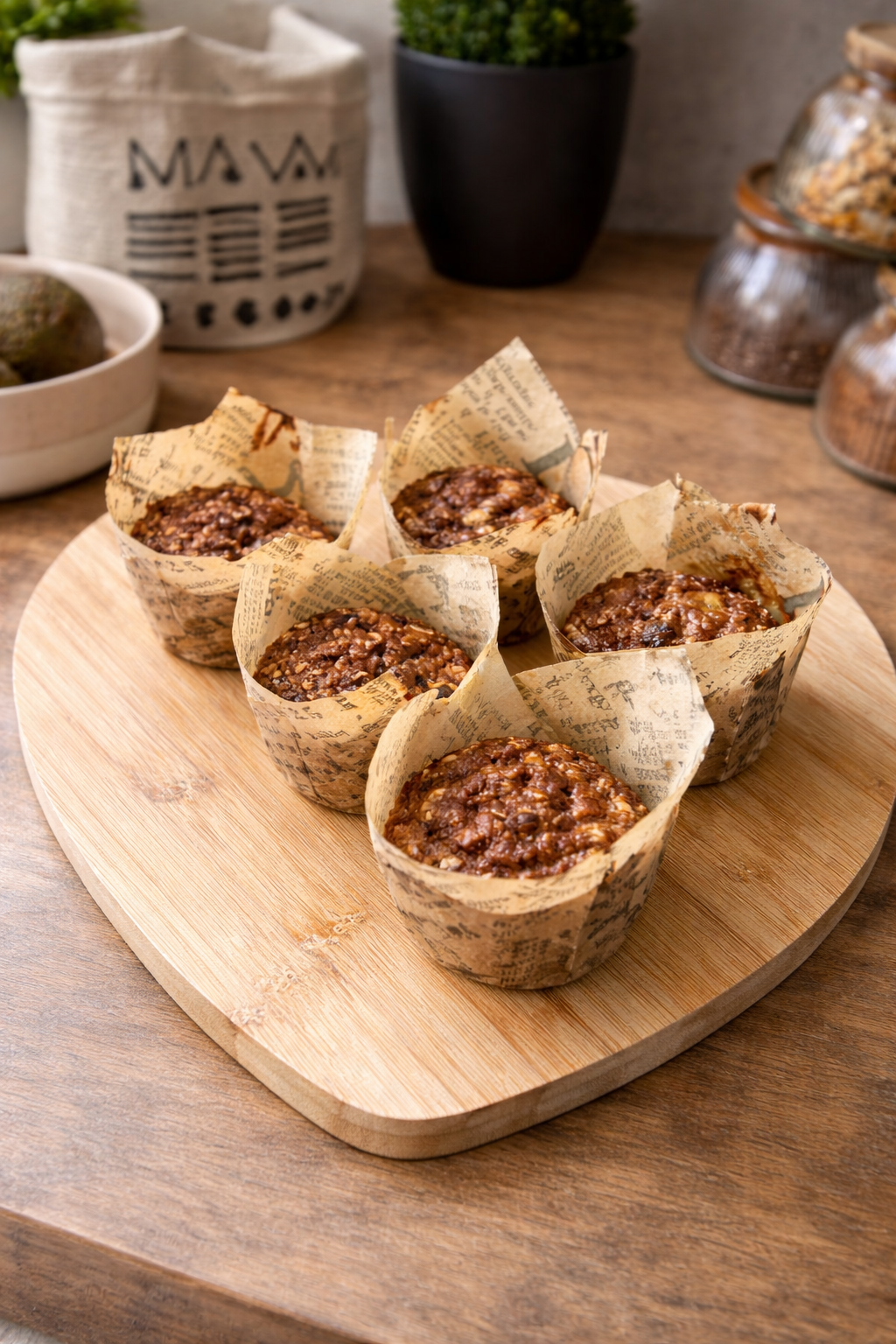 Sur un plan de travail rustique, une planche en bois supporte plusieurs petits muffins cuits au four, dans des caissettes en papier à motifs.