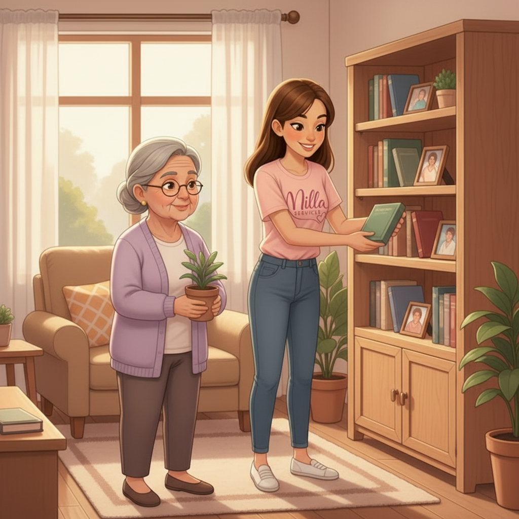 Dans un salon ensoleillé, une personne vêtue d'une chemise rose pose un livre sur une étagère tandis qu'une personne plus âgée tient une petite plante en pot.