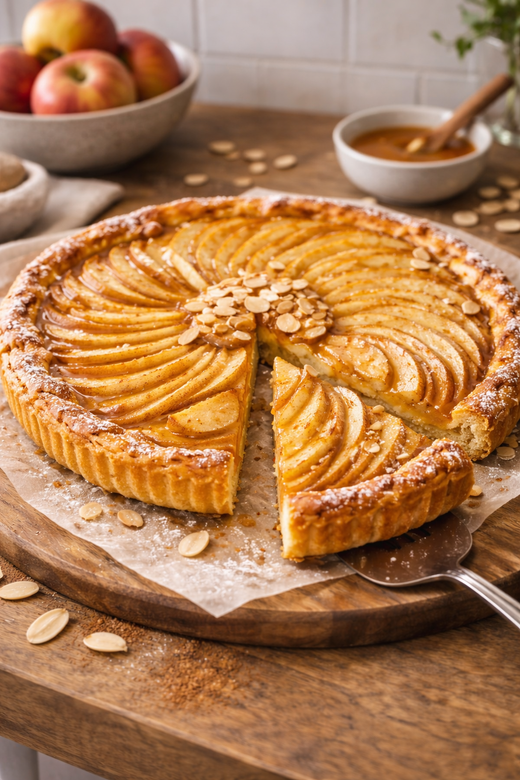Une tarte aux pommes tranchée, garnie d'amandes effilées, posée sur une planche en bois à côté d'un bol de pommes et d'un glaçage.