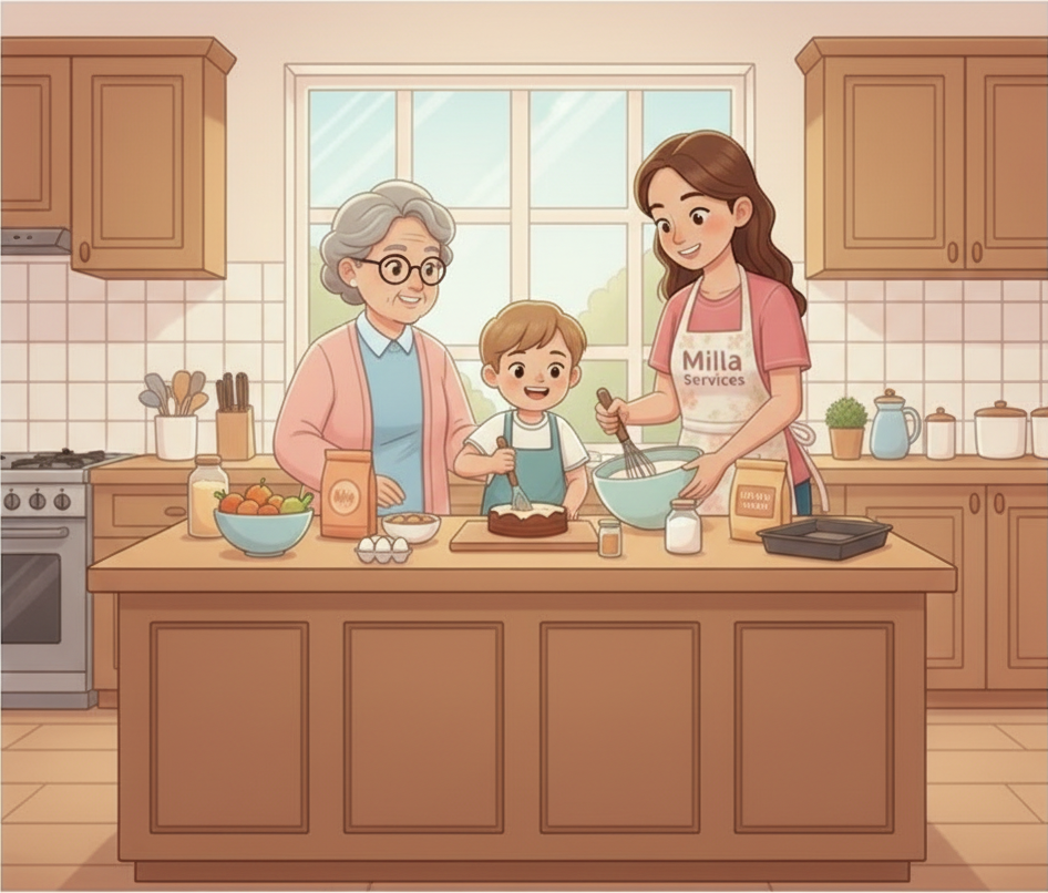 Trois personnes font de la pâtisserie ensemble dans une cuisine, utilisant des saladiers et des ustensiles sur un îlot en bois.