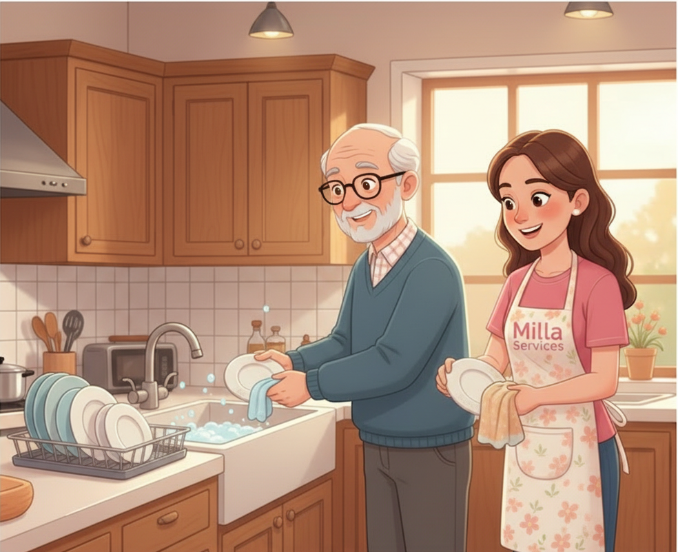 Un adulte et une personne âgée font la vaisselle ensemble dans une cuisine lumineuse.