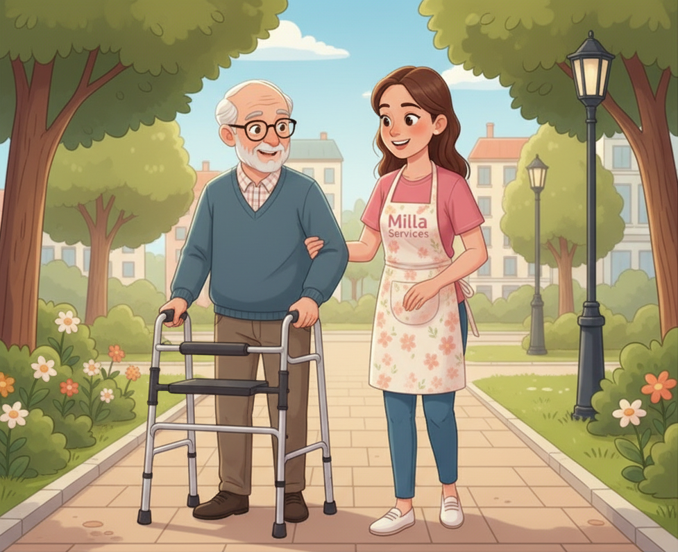 Une aide-soignante portant un tablier à fleurs assiste une personne âgée qui utilise un déambulateur le long d'une allée ensoleillée d'un parc.