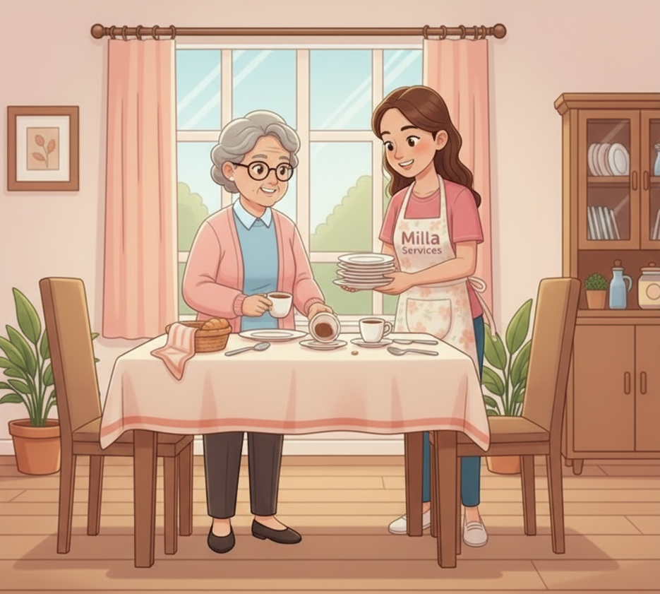 Une personne âgée et une personne plus jeune dressent la table avec des assiettes et des tasses à café dans une salle à manger chaleureuse et accueillante.