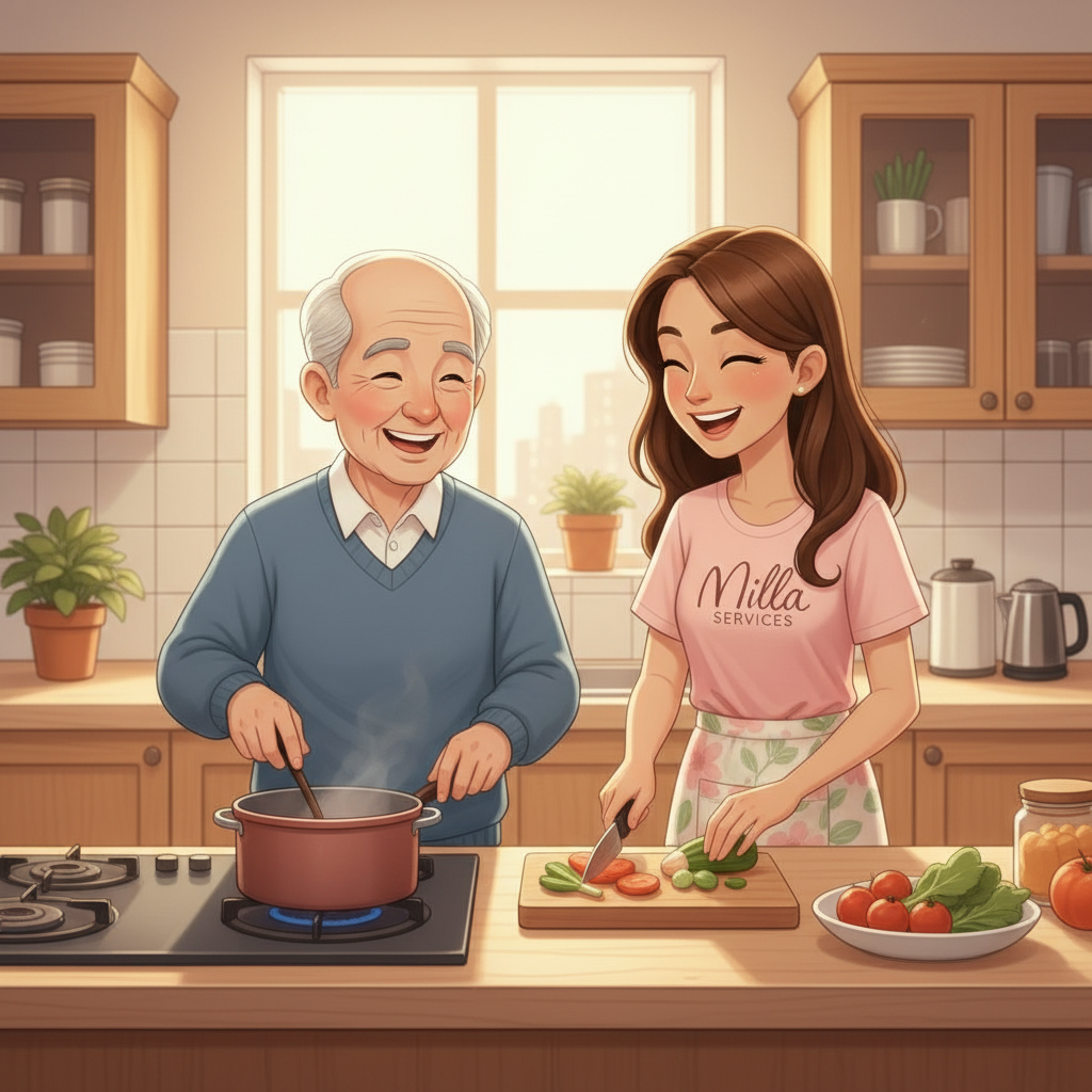 Un homme âgé et une jeune femme cuisinent ensemble dans une cuisine ensoleillée aux meubles en bois, souriant en préparant un repas.