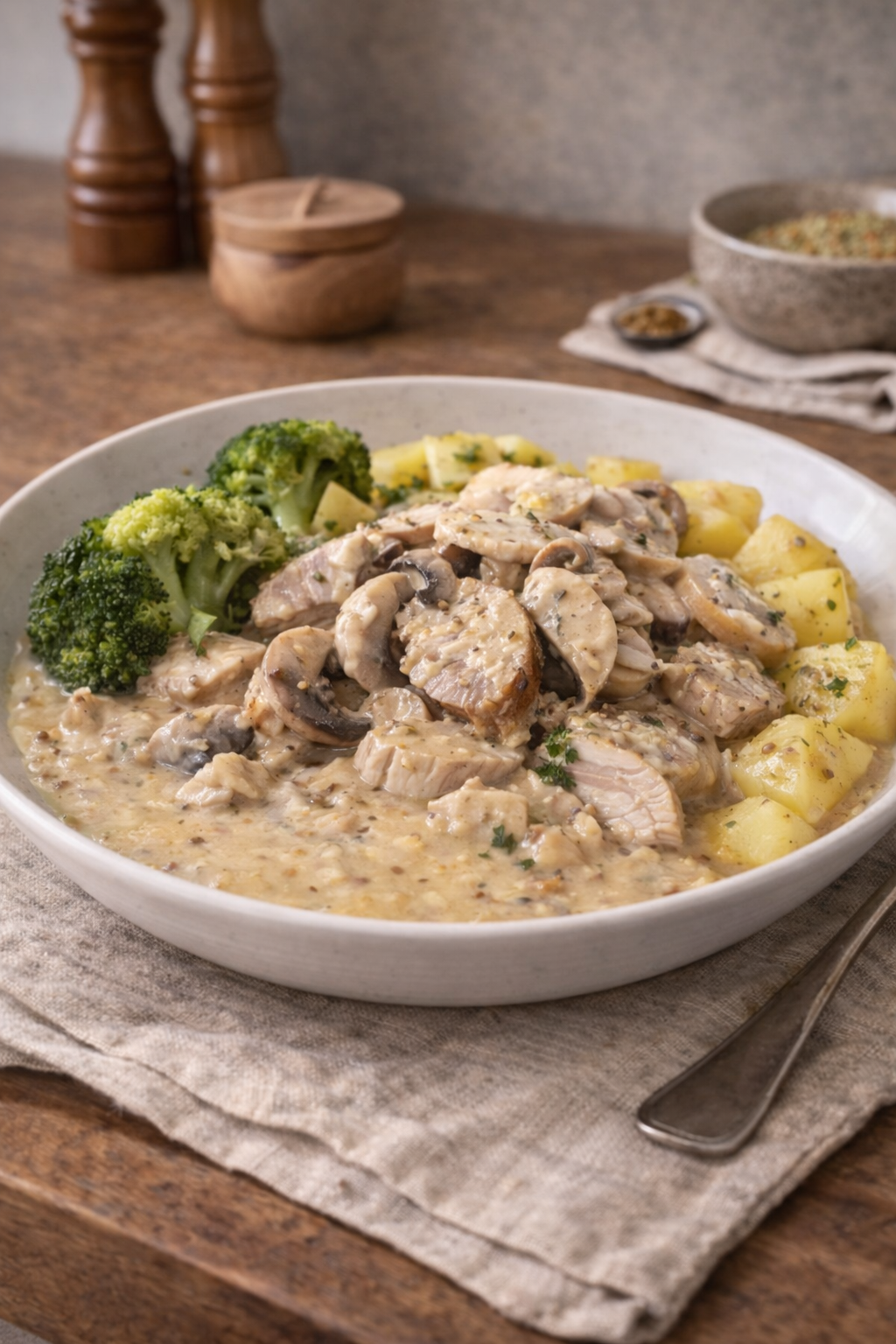 Poulet crémeux aux champignons servi avec du brocoli et des pommes de terre coupées en dés dans un grand bol sur une table en bois.