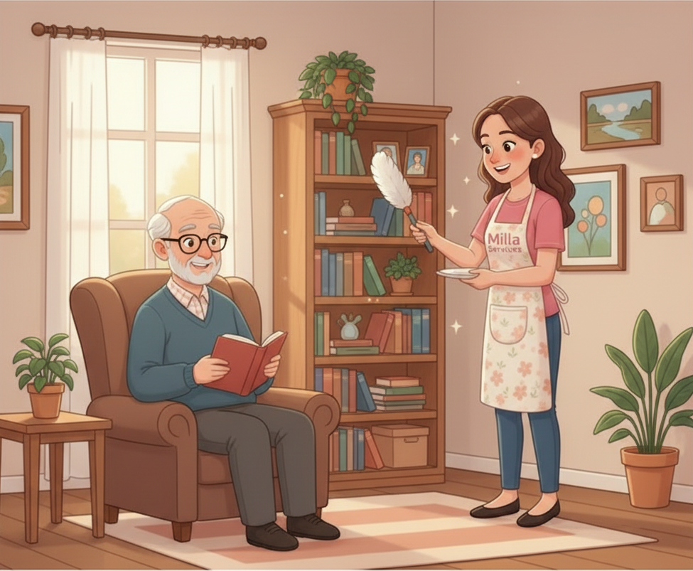 Une personne âgée lit dans un fauteuil tandis qu'une autre, portant un tablier, dépoussière une bibliothèque en bois dans une pièce confortable et ensoleillée.