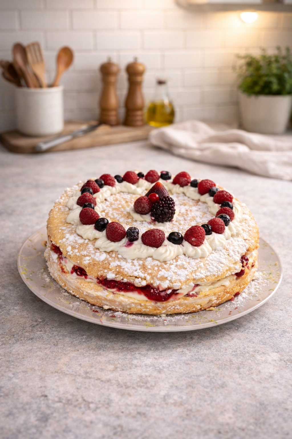 Un gâteau éponge à plusieurs étages, garni de crème, de fruits rouges frais et de sucre glace, posé sur le plan de travail de la cuisine.