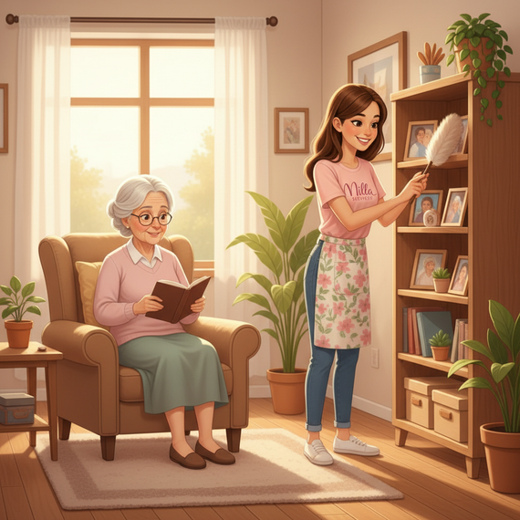 Dans un salon lumineux, une personne époussette une étagère en bois tandis qu'une autre, assise dans un fauteuil, lit un livre.