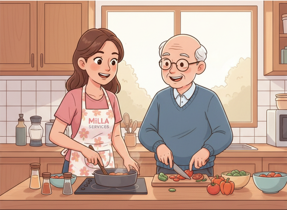 Une aide-soignante et une personne âgée dans la cuisine d'une maison, souriant en cuisinant et en coupant des légumes ensemble.