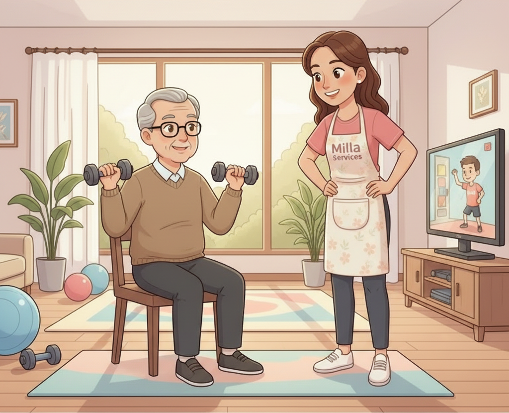 Une personne âgée soulève des haltères, assise dans un salon, guidée par une personne portant un tablier et regardant une vidéo de fitness.