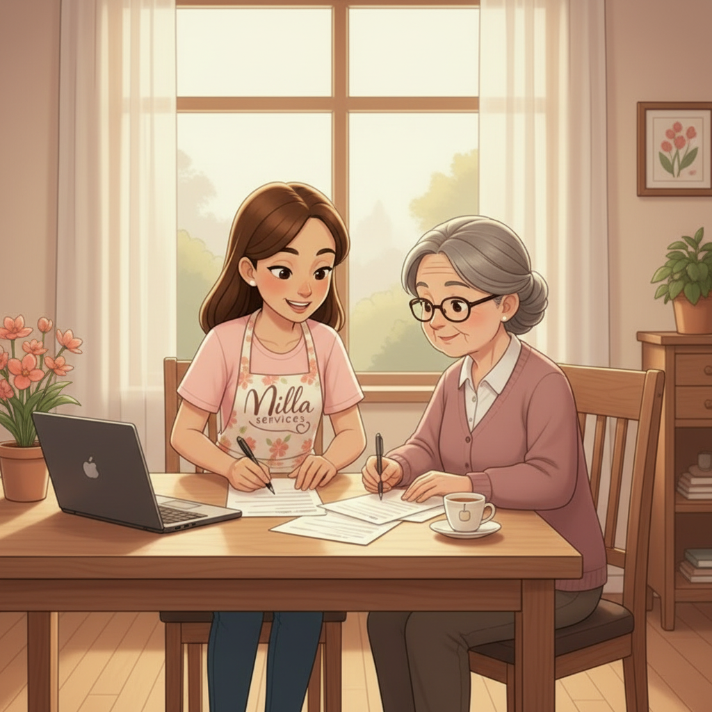 Une jeune et une personne plus âgée sont assises à une table, souriantes, tout en travaillant ensemble sur des documents près d'un ordinateur portable.