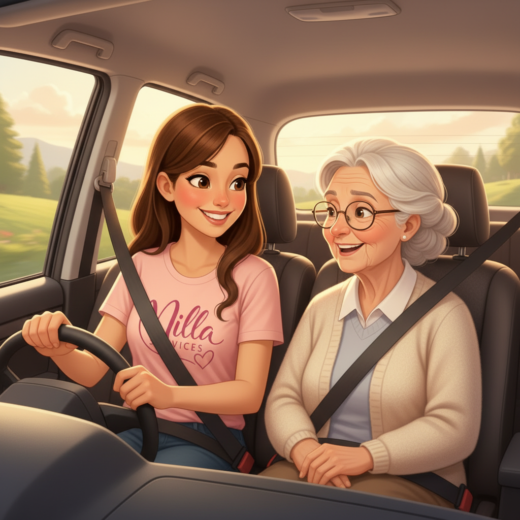 Une jeune femme souriante conduit une voiture avec un passager âgé assis à ses côtés, tous deux se regardant avec bonheur.