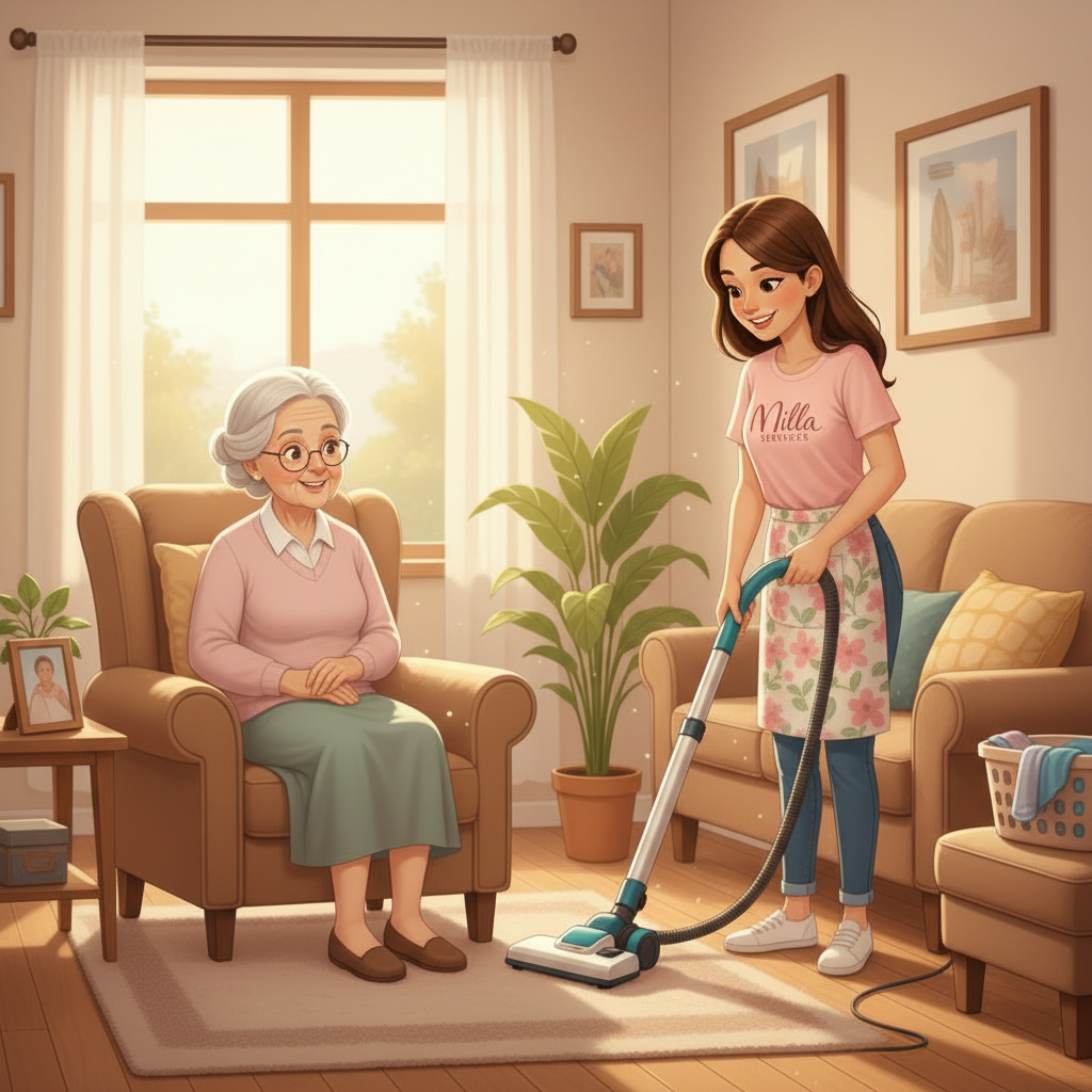 Une personne portant un tablier passe l'aspirateur sur le tapis d'un salon tandis qu'une autre personne est assise et sourit dans un fauteuil à proximité.