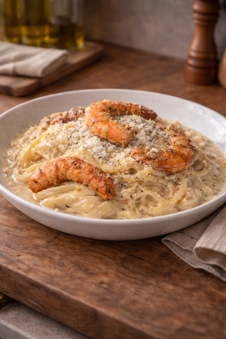 Un bol blanc de pâtes crémeuses aux crevettes, garni de fromage râpé et de poivre concassé, posé sur une planche en bois rustique.