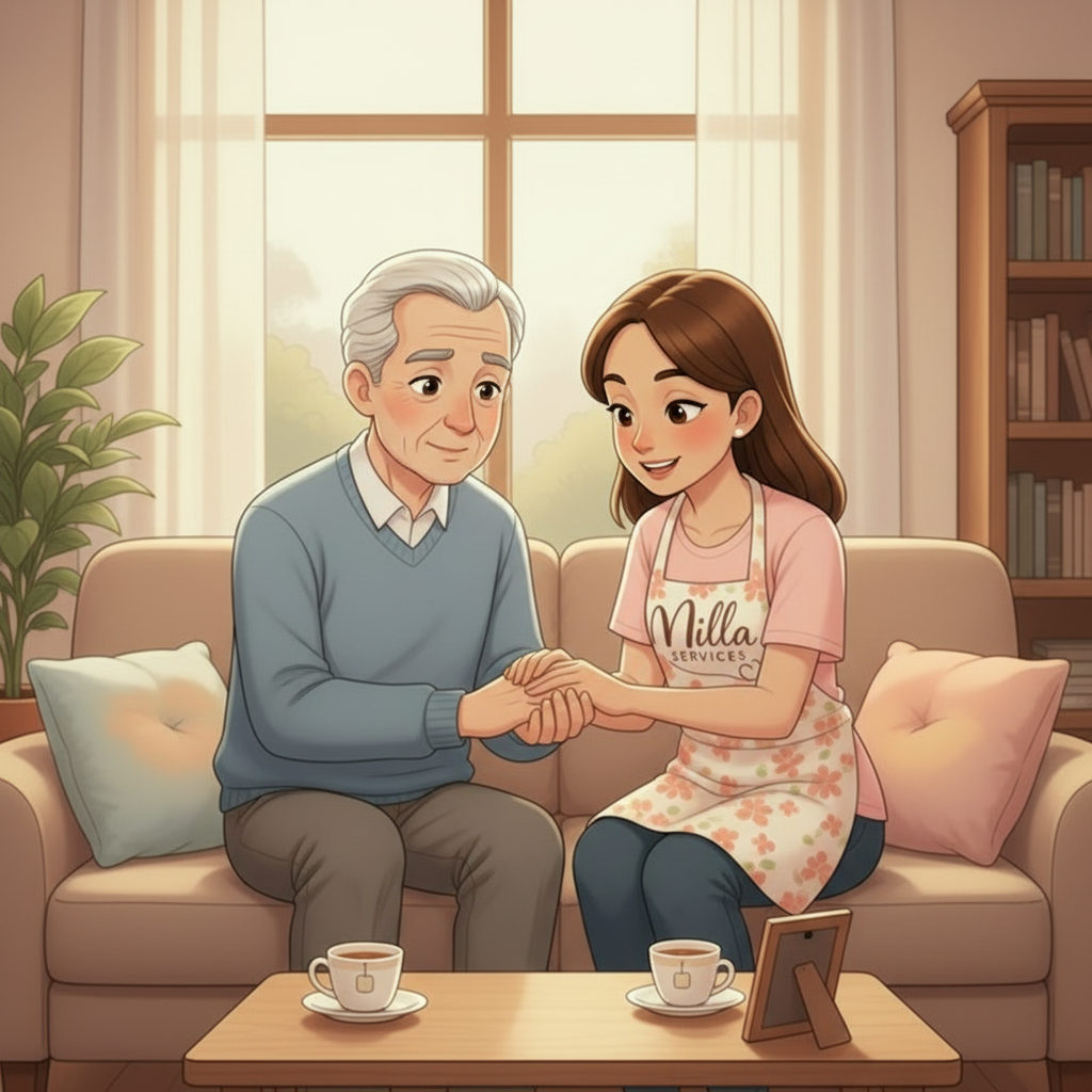 Deux personnes sont assises sur un canapé dans une pièce confortable, se tenant la main et souriant devant une table où se trouvent du thé et une photo.