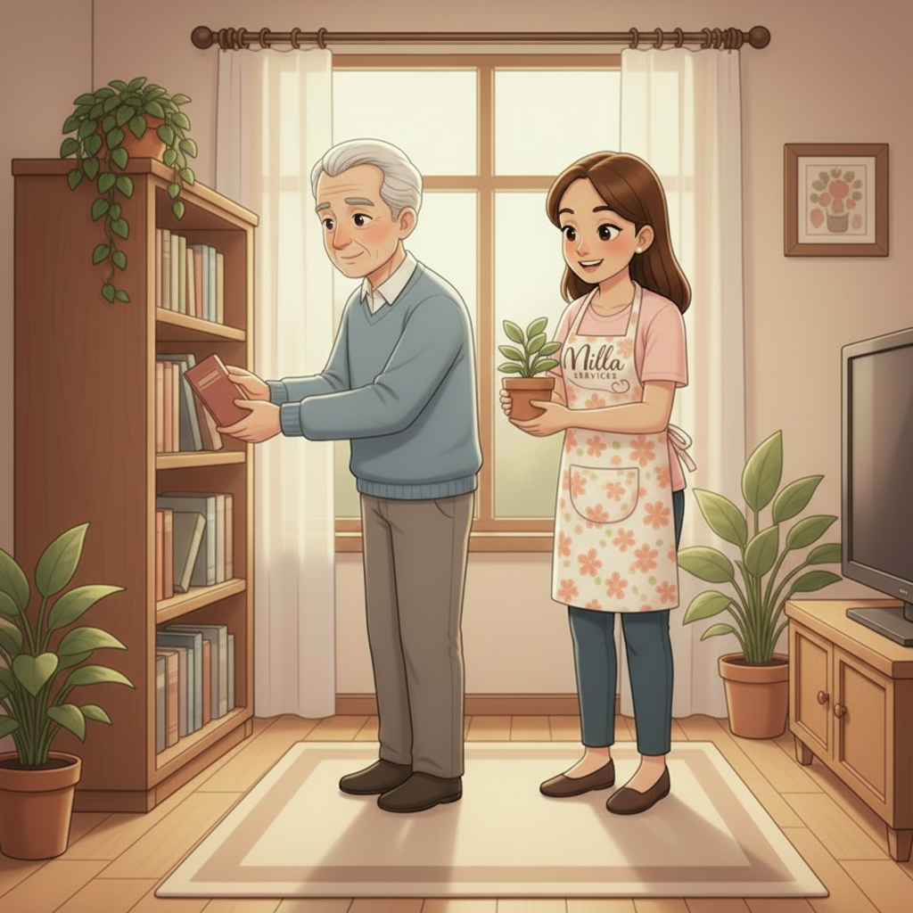 Une personne âgée choisit un livre sur une étagère en bois tandis qu'une personne portant un tablier à fleurs tient une petite plante en pot à l'intérieur.