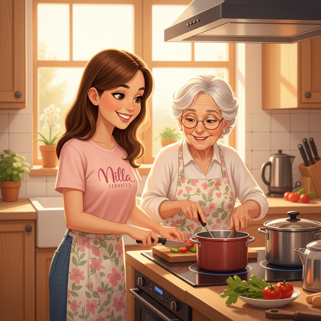 Une jeune et un adulte plus âgé cuisinent ensemble dans une cuisine ensoleillée, préparant des aliments sur un fourneau avec une casserole.