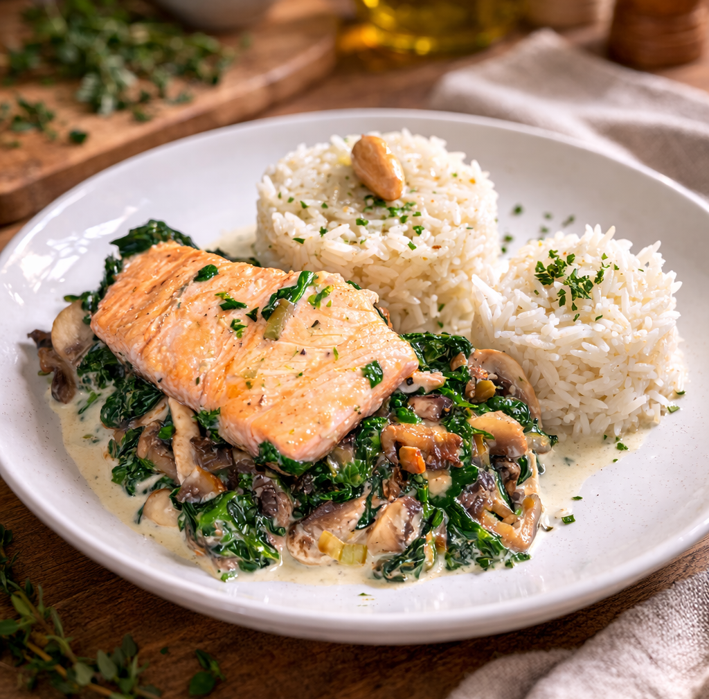 Un filet de saumon poêlé servi sur un lit d'épinards crémeux aux champignons, accompagné de deux boules de riz blanc.