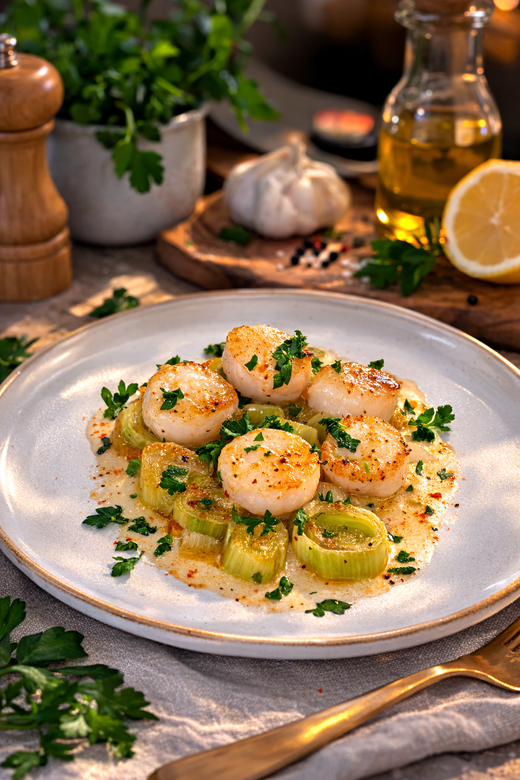Noix de Saint-Jacques poêlées servies sur un lit de poireaux émincés, dans une assiette blanche, garnies de persil.