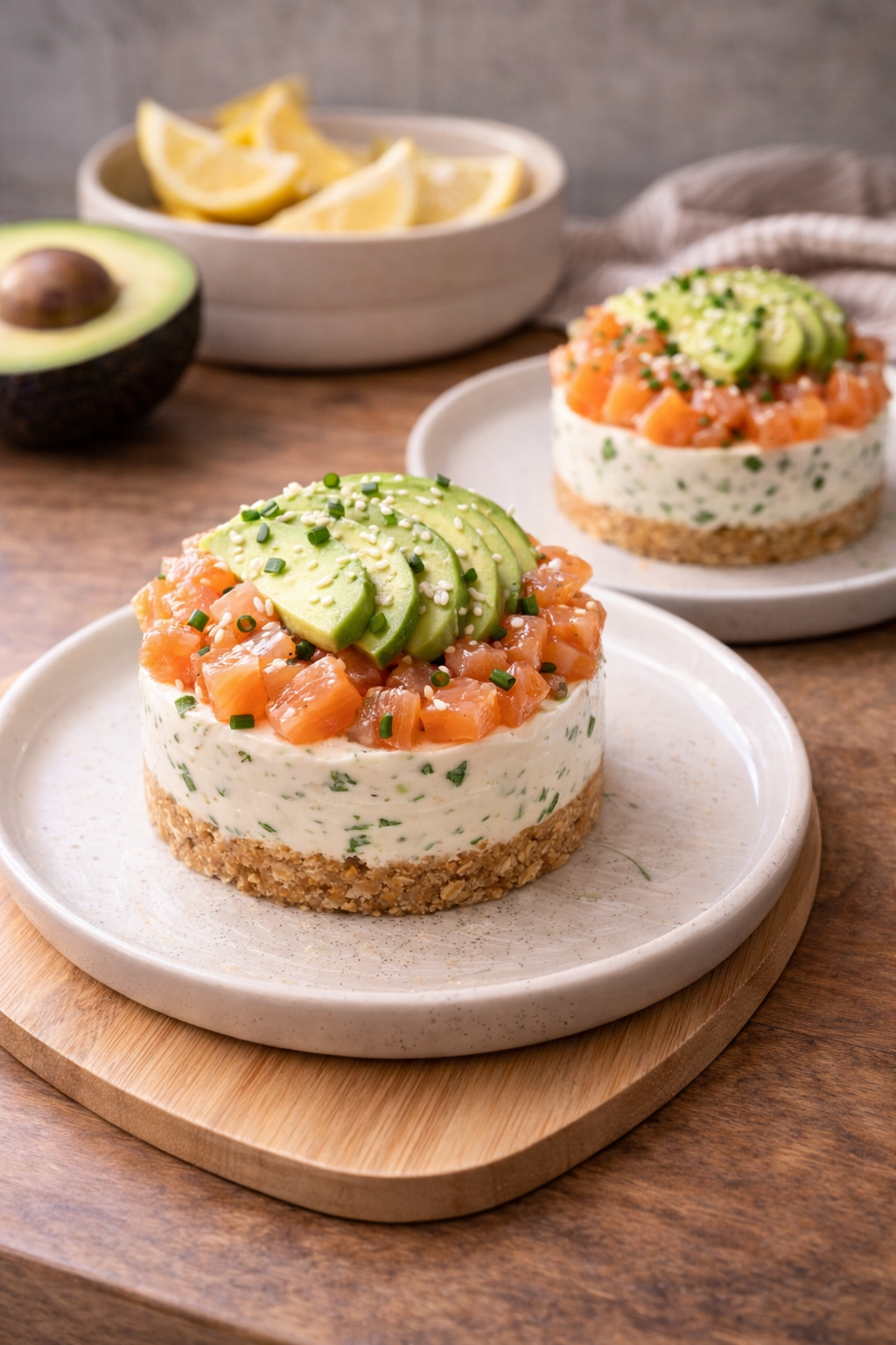 Deux tartares de saumon et d'avocat superposés sur une base de crackers salés, servis sur des assiettes blanches avec du citron et de l'avocat à proximité.