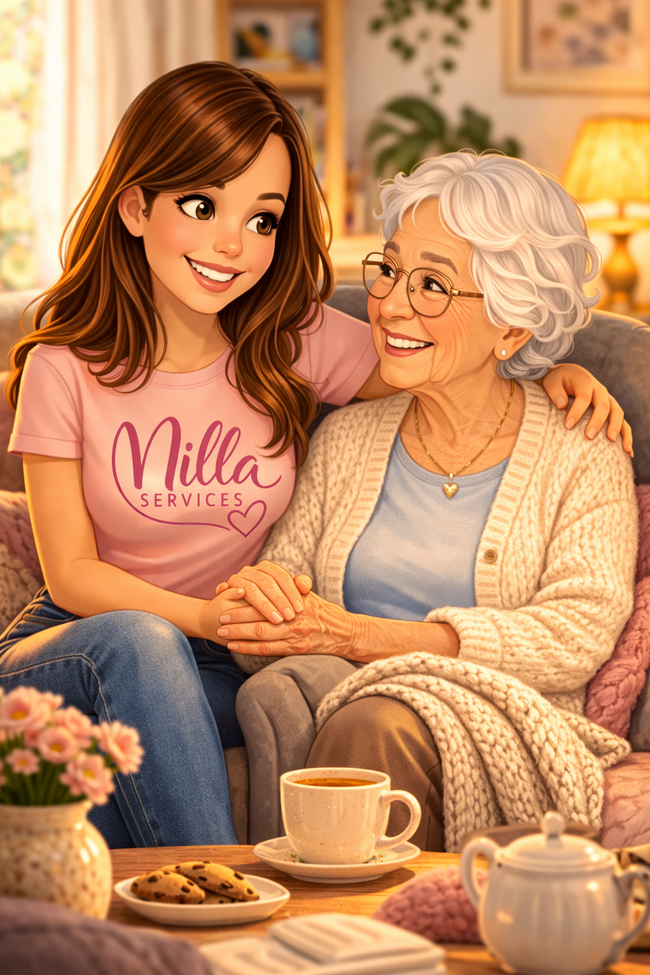 Une jeune et une personne plus âgée sont assises ensemble sur un canapé, se tenant la main et se souriant.