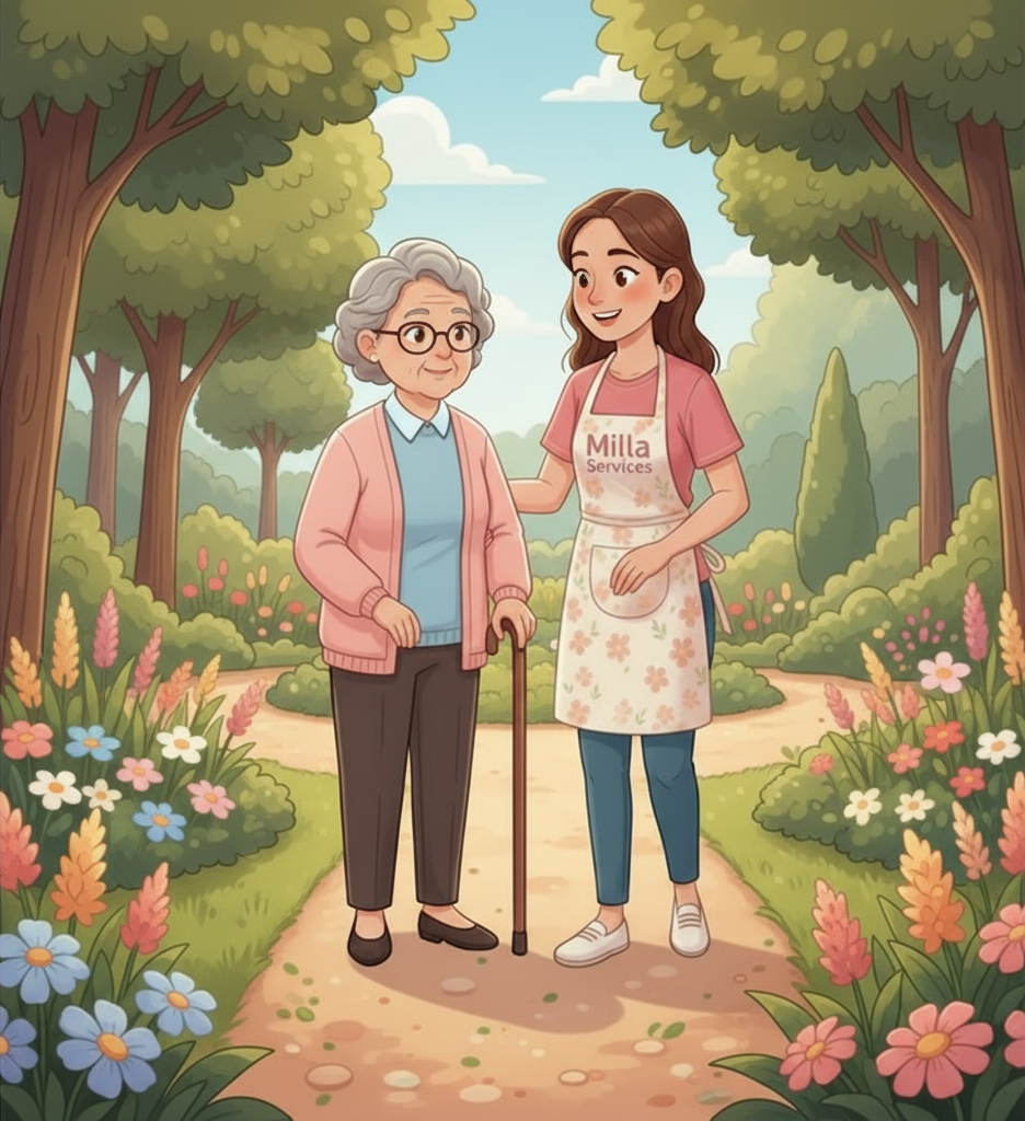 Une aide-soignante vêtue d'un tablier à fleurs accompagne une personne s'appuyant sur une canne à travers un jardin luxuriant et fleuri.