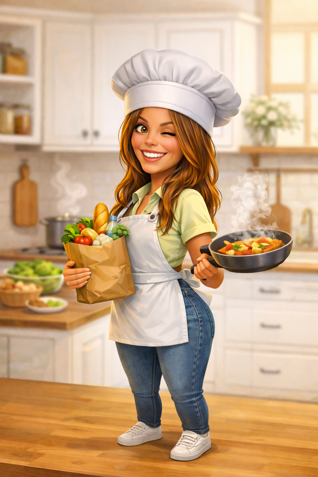 Une chef cuisinier de dessin animé dans une cuisine, tenant un sac d'épicerie en papier et une poêle fumante, tout en faisant un clin d'œil.