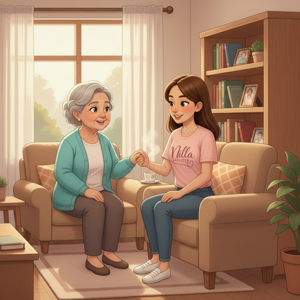 Une personne âgée et une personne plus jeune sont assises dans des fauteuils, souriantes et se tenant la main dans une pièce ensoleillée avec des étagères à livres.