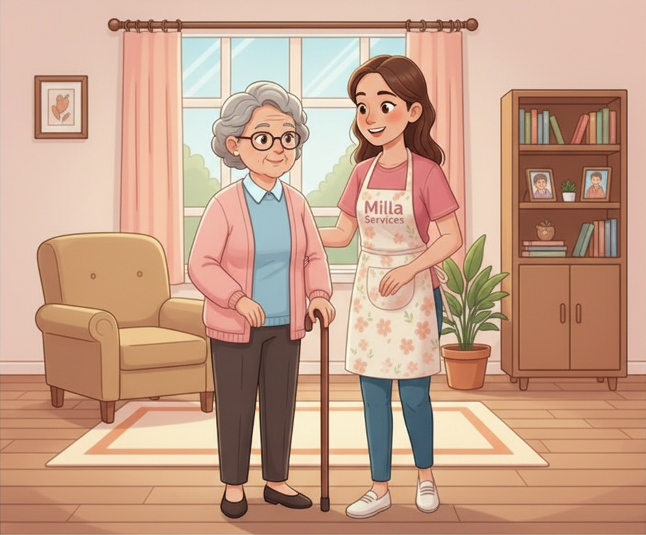 Une aide-soignante vêtue d'un tablier à fleurs se tient debout auprès d'une personne âgée s'appuyant sur une canne.