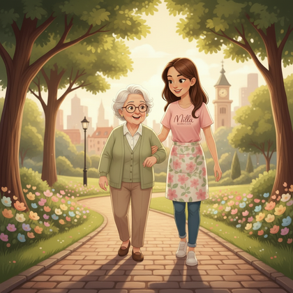 Une jeune personne portant un tablier à fleurs et une personne en cardigan vert marchent bras dessus bras dessous le long d'un chemin ensoleillé et fleuri dans un parc.