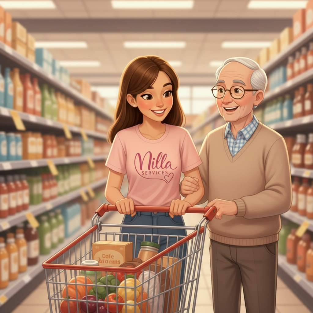 Une jeune et une personne plus âgée sourient en faisant leurs courses ensemble, poussant un chariot dans les allées d'un supermarché.