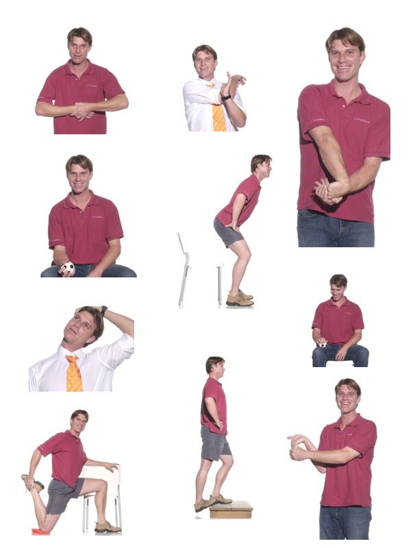 Ein Mann in einem roten Hemd und einer Krawatte macht verschiedene Übungen