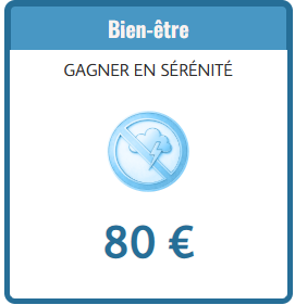 Carte avec note bien-être et gagner en sérénité, panneau interdit avec orage et prix 80 €.