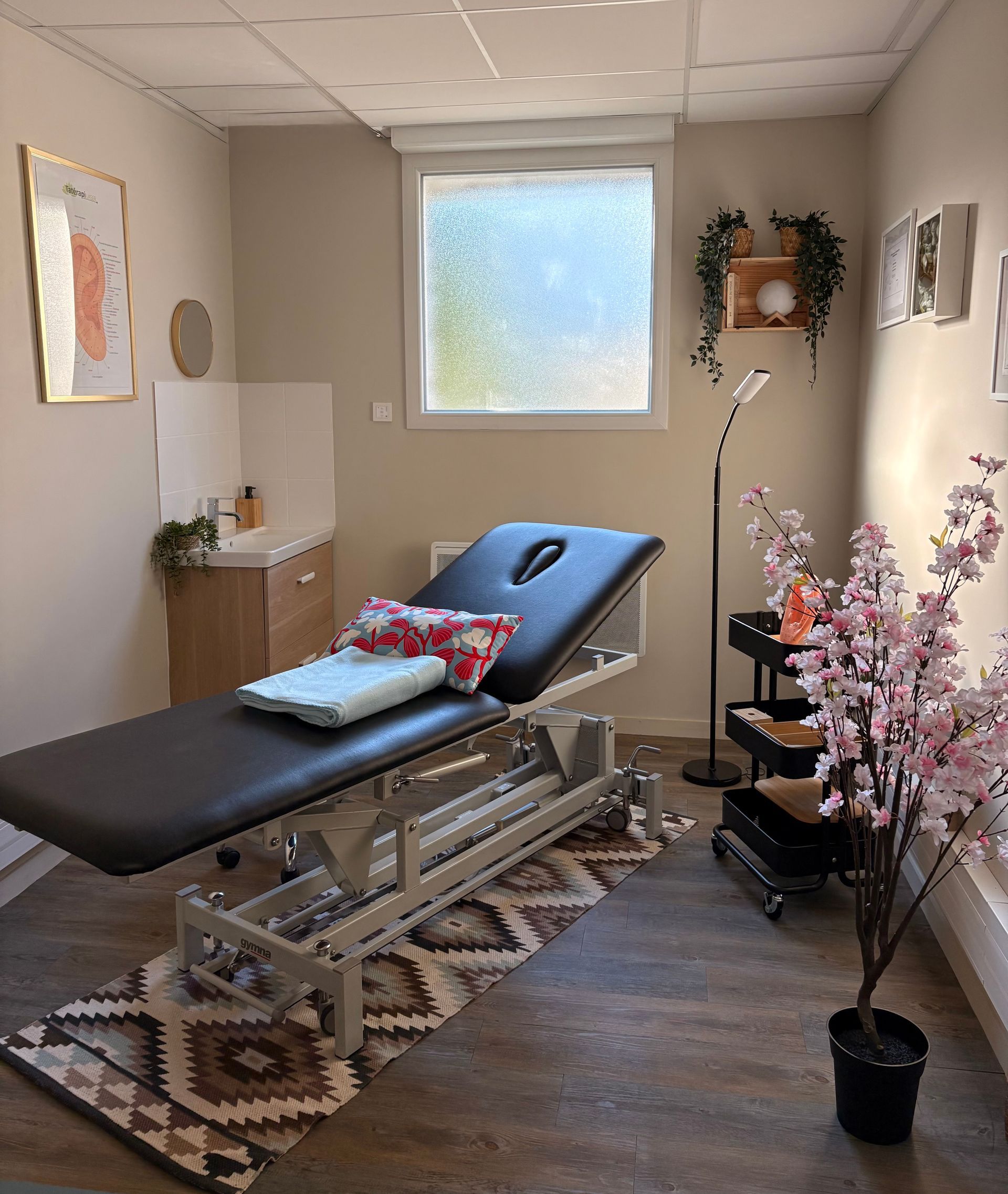 Salle de massage avec table de massage, tapis, fenêtre et plantes décoratives.