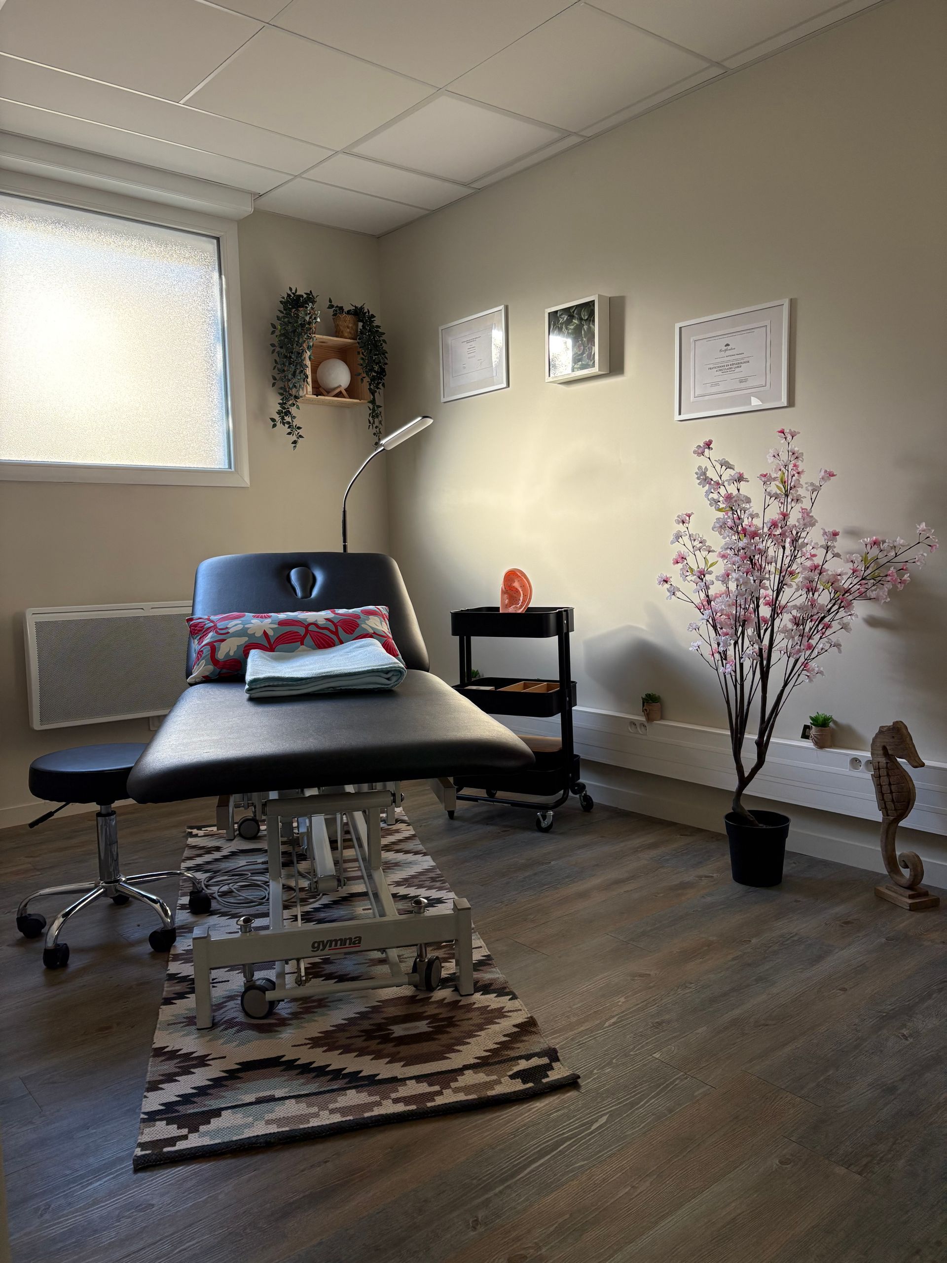 Salle de massage avec table noire, tapis et plantes décoratives.