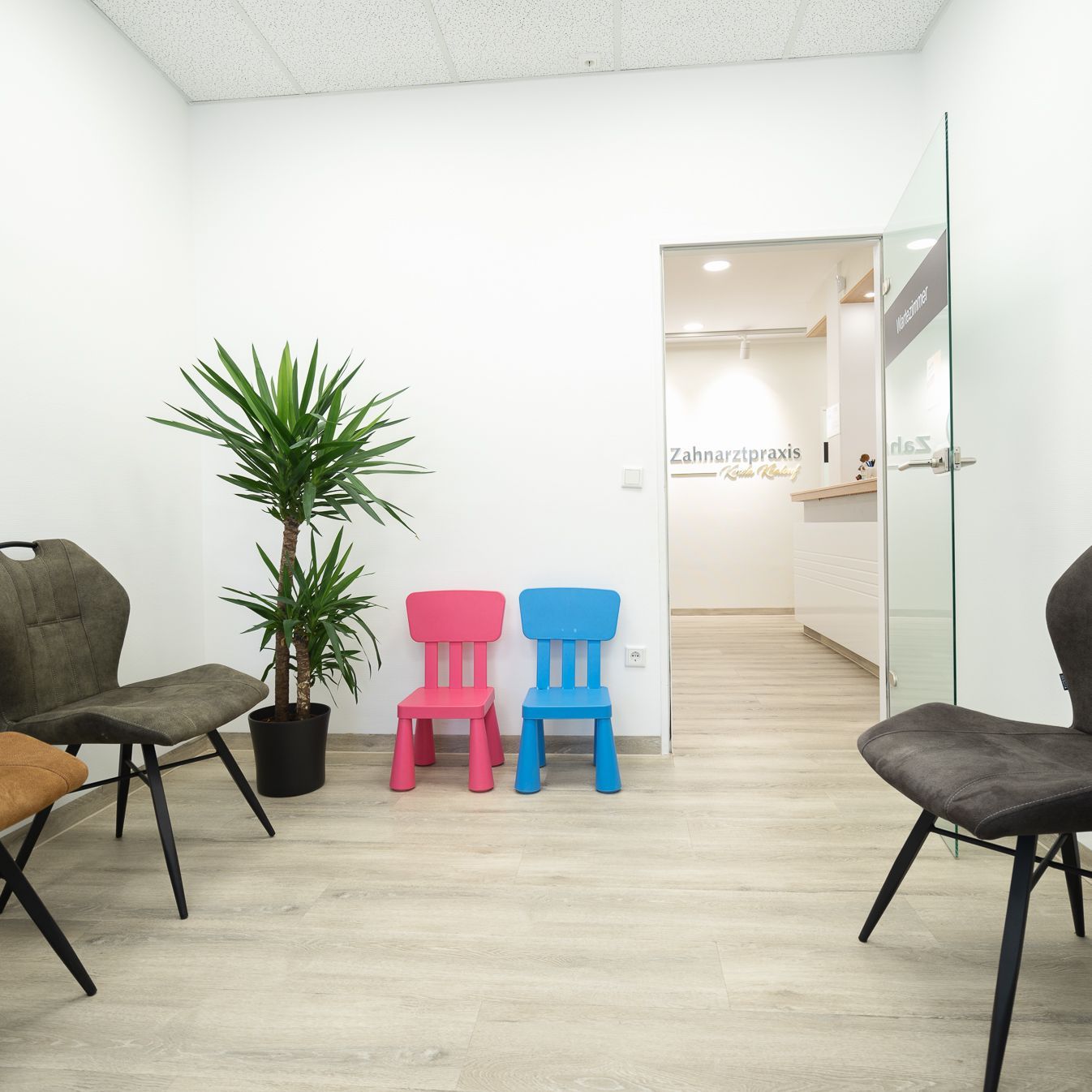 Wartebereich der Zahnarztpraxis mit Regalen und TV