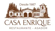Logo for Casa Enrique restaurant, depicting a building and text: "Casa Enrique Restaurante - Asador" since 1987.